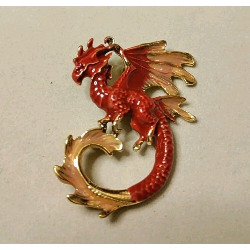 Red Enamel Dragon Brooch 2.5 X 1.85